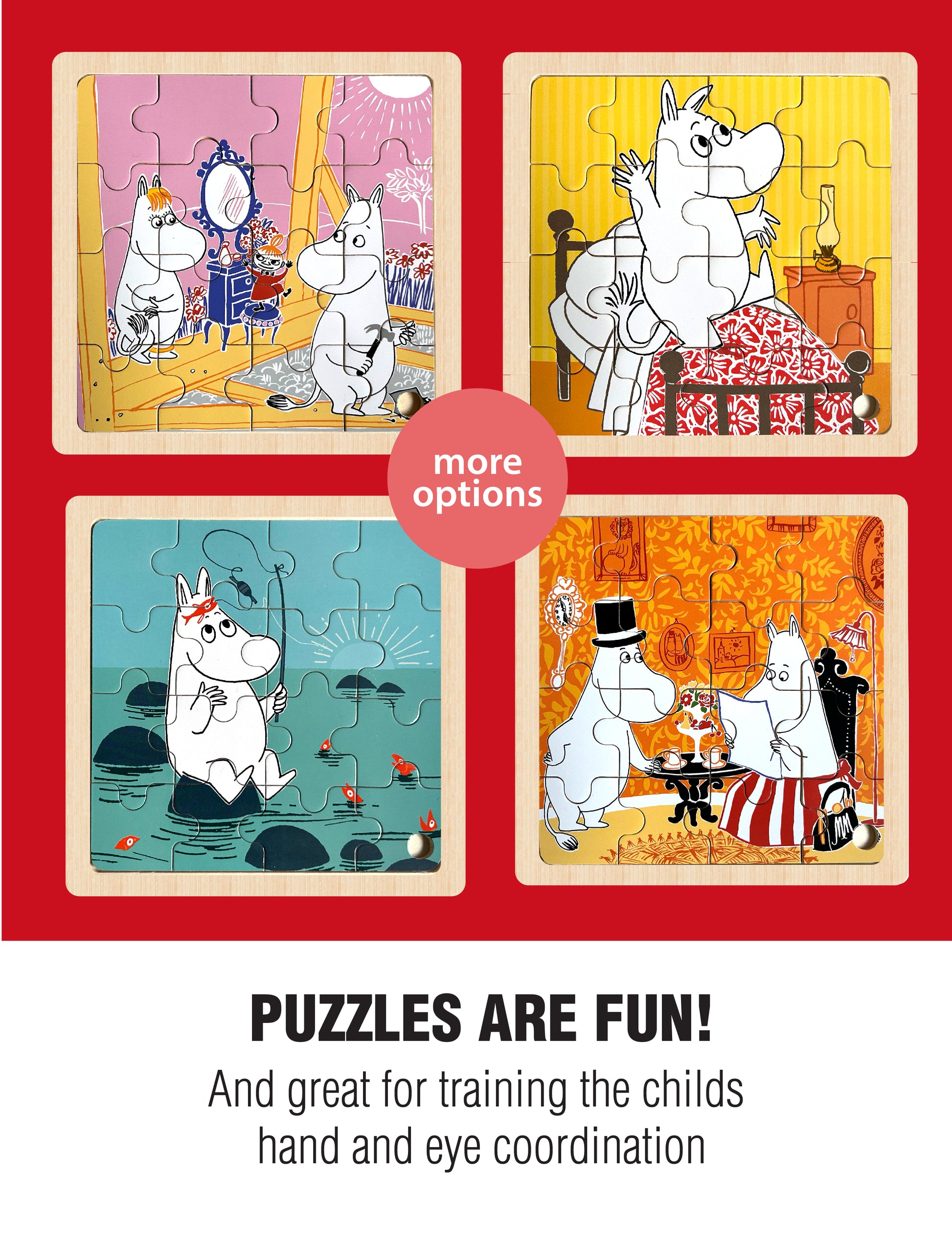 Four different Moomin wooden puzzles, each with a unique design. Text on image: 'Puzzles are fun! And great for training the child's hand and eye coordination'.