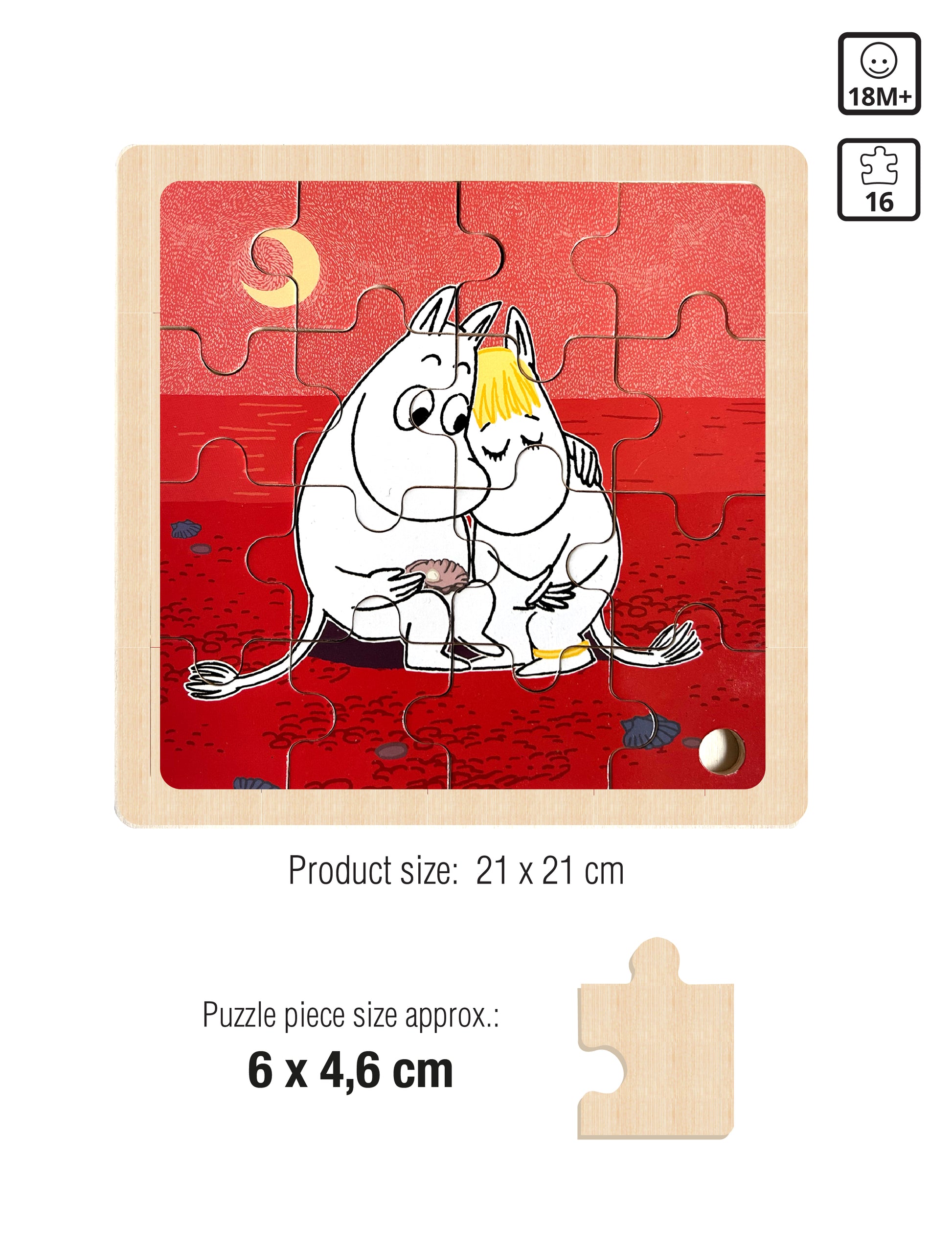 Moomin wooden puzzle featuring Moomintroll and Snorkmaiden hugging. The puzzle measures 21 x 21 cm with 16 pieces, each approximately 6 x 4.6 cm. Icons indicate suitability for ages 18 months and up.