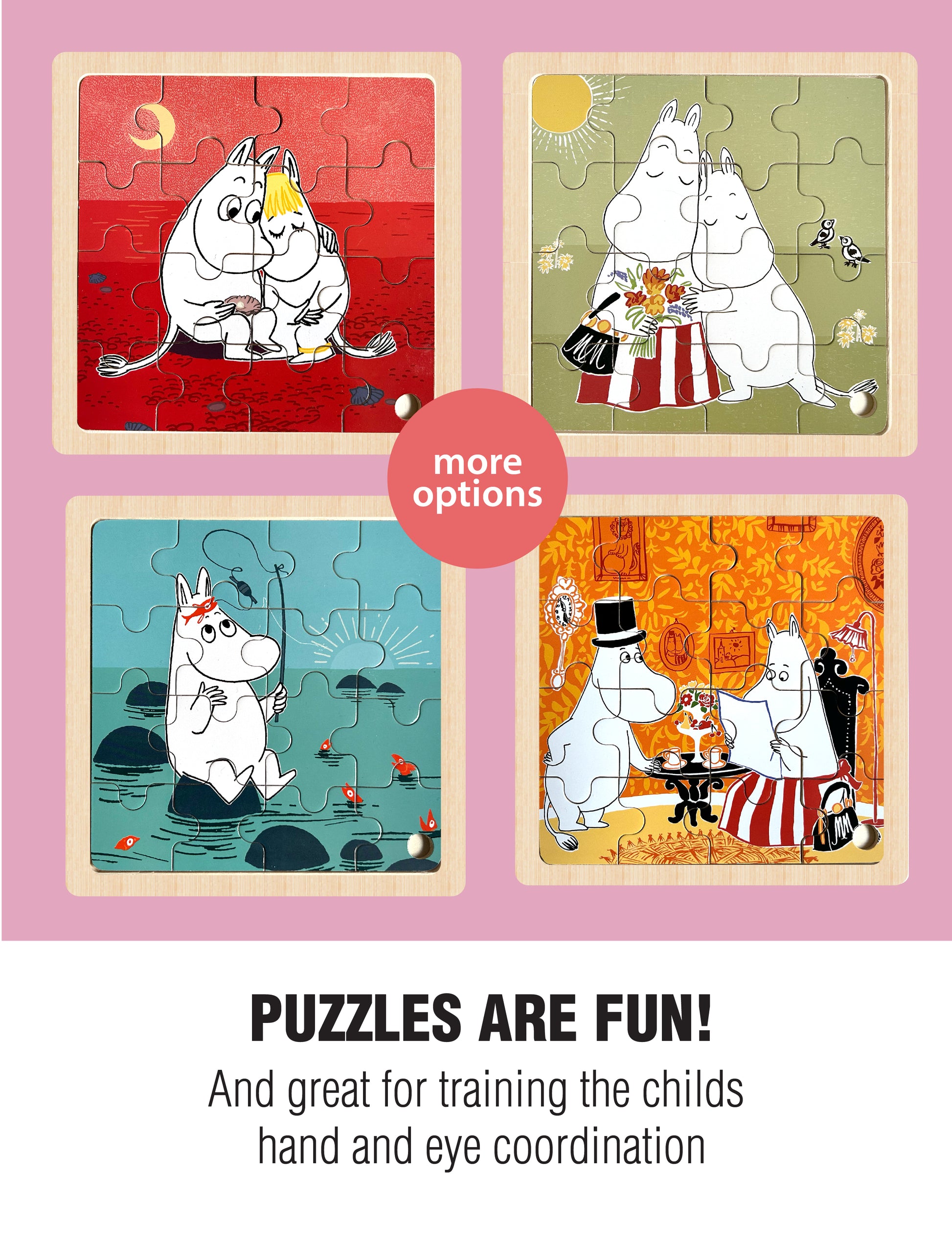 Different wooden Moomin puzzles, sold separately.