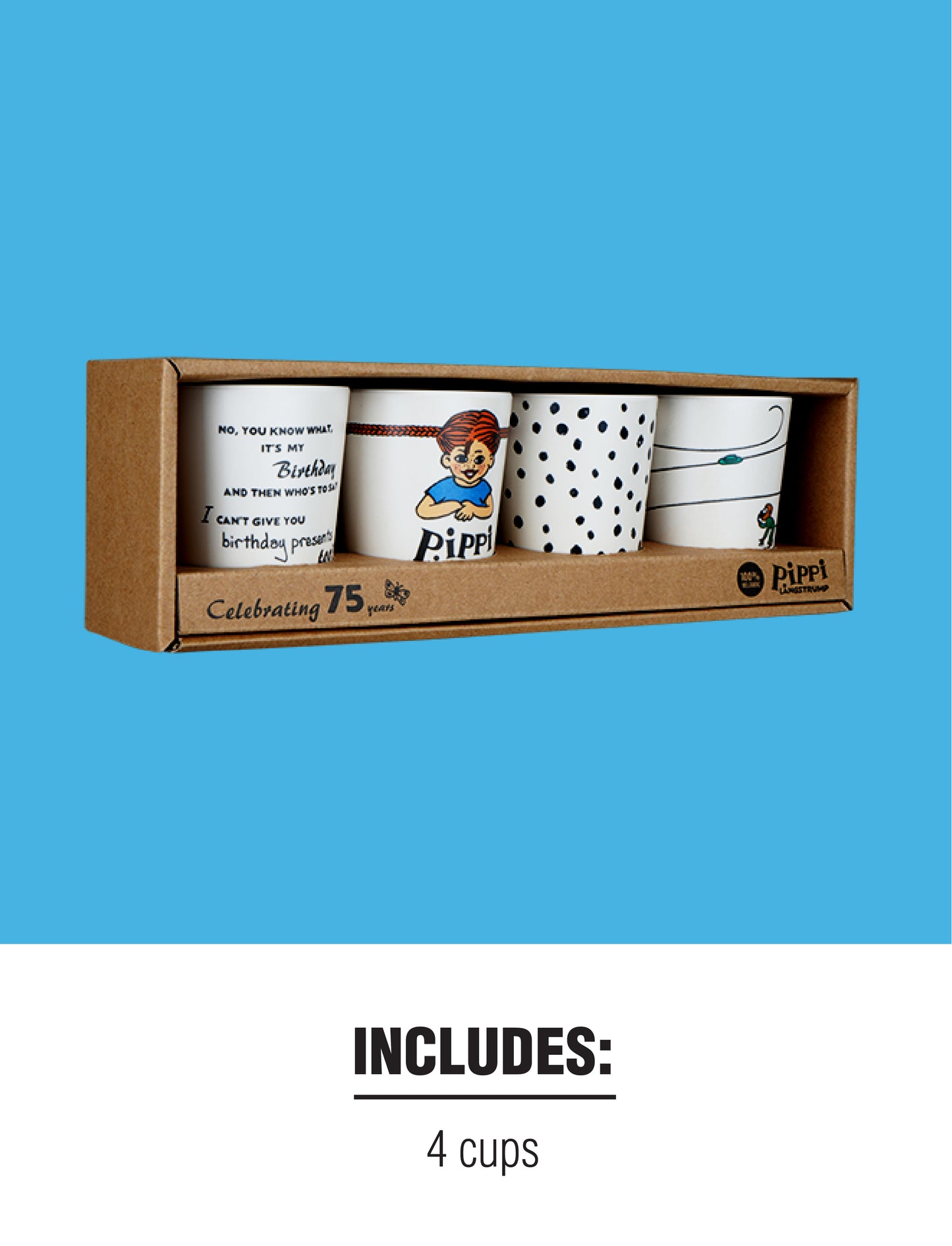 Set of four Pippi Longstocking-themed cups in a cardboard gift box, celebrating 75 years of Pippi Longstocking. Each cup features different designs, including Pippi illustrations, text, and patterns. Text on image: 'INCLUDES: 4 cups'.