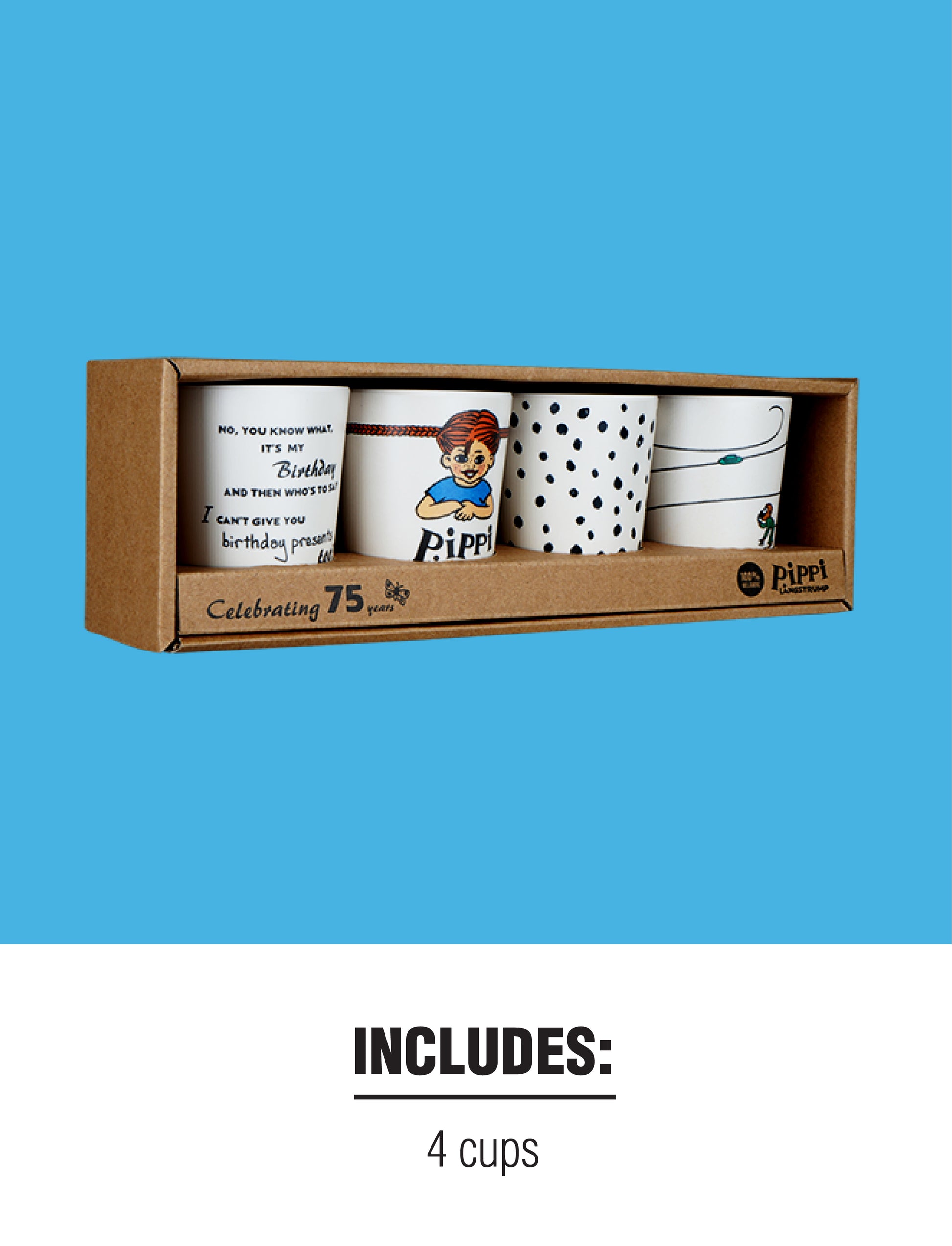 Set of four Pippi Longstocking-themed cups in a cardboard gift box, celebrating 75 years of Pippi Longstocking. Each cup features different designs, including Pippi illustrations, text, and patterns. Text on image: 'INCLUDES: 4 cups'.