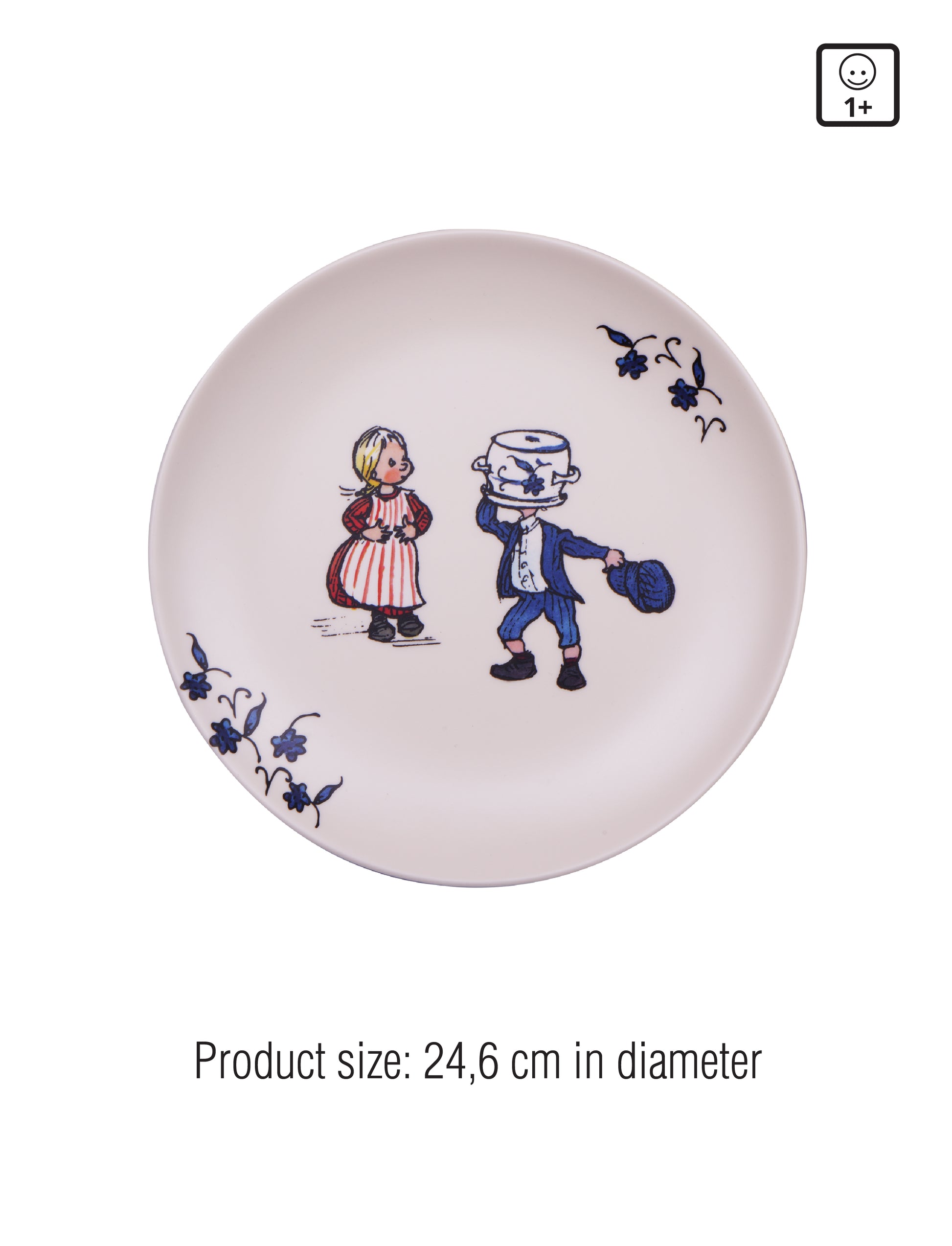 Children's plate with classic character illustrations and blue floral design. Product size: 24.6 cm in diameter. Icon indicates suitability for ages 1+.