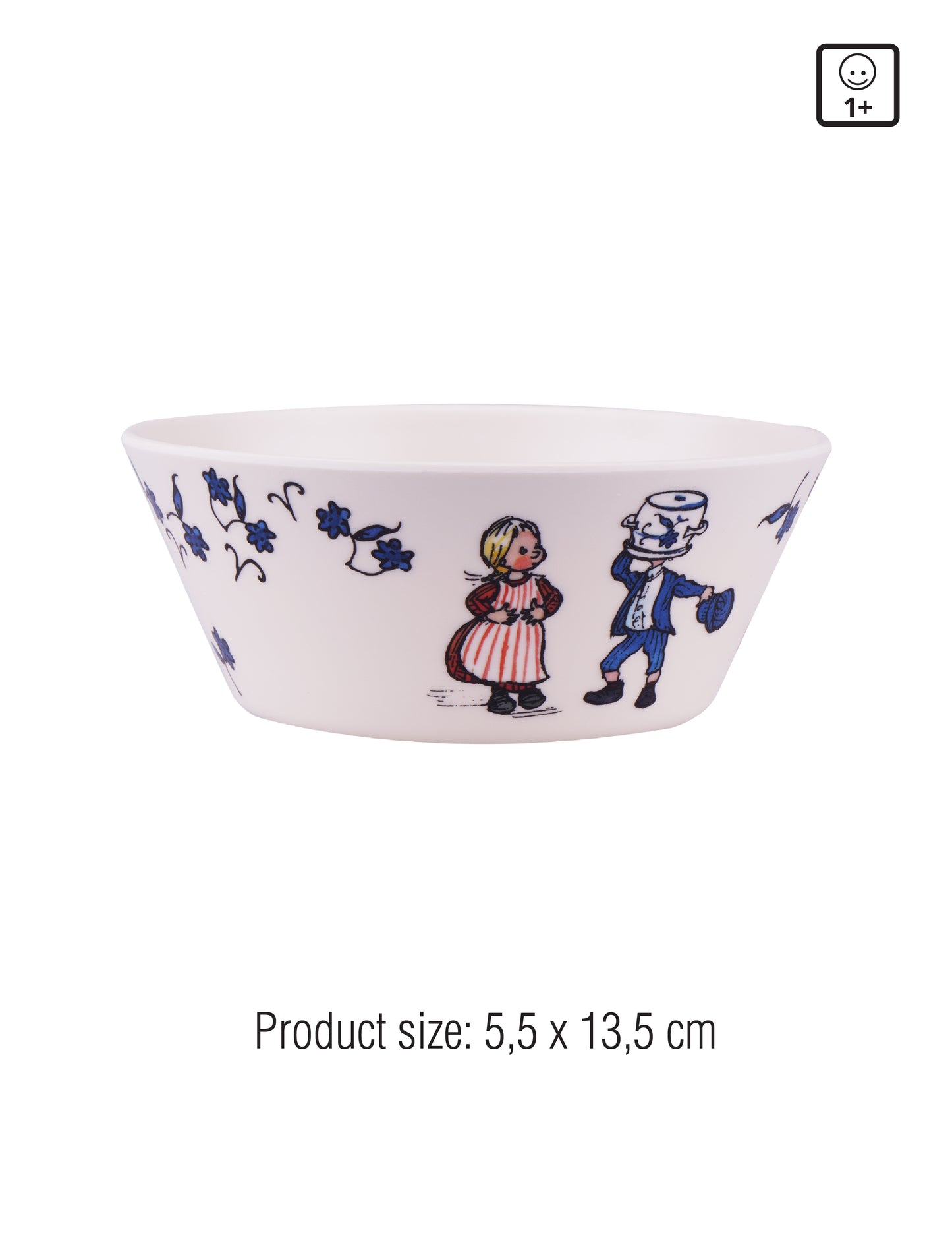 Children's bowl with classic character illustrations and blue floral design. Product size: 5.5 x 13.5 cm. Icon indicates suitability for ages 1+