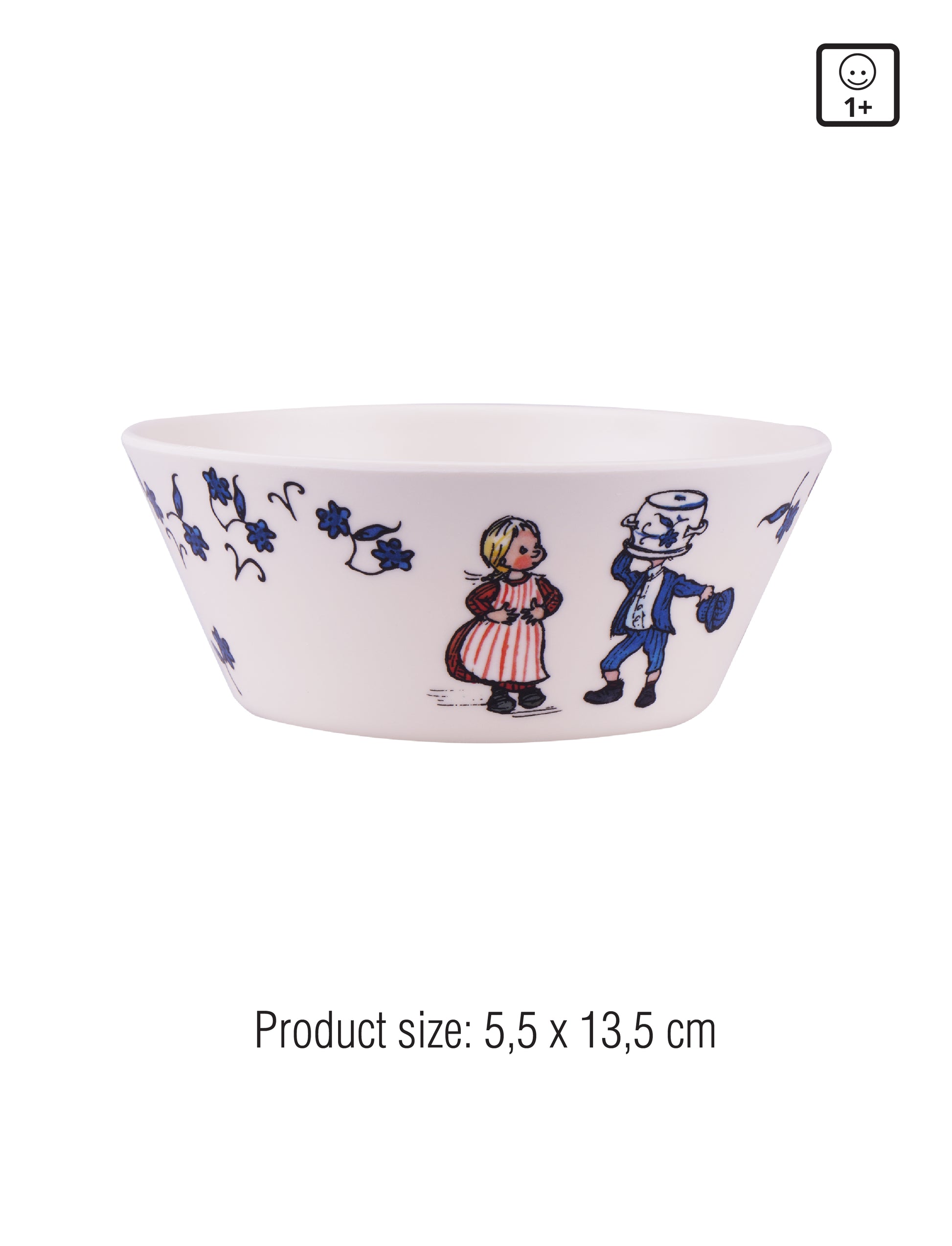 Children's bowl with classic character illustrations and blue floral design. Product size: 5.5 x 13.5 cm. Icon indicates suitability for ages 1+