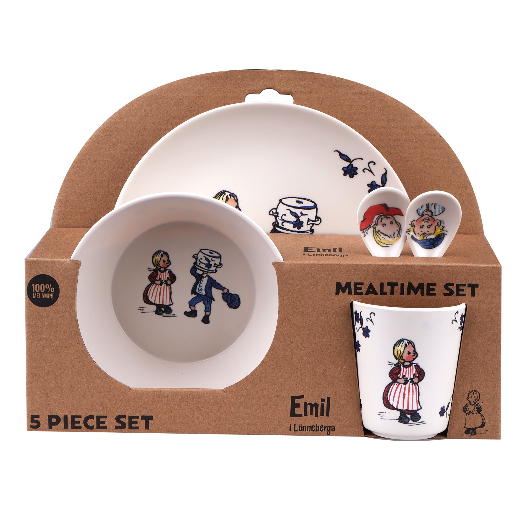 Plate, bowl, tumbler and spoons in 100 % melamine with Emil Fra Lønneberg
