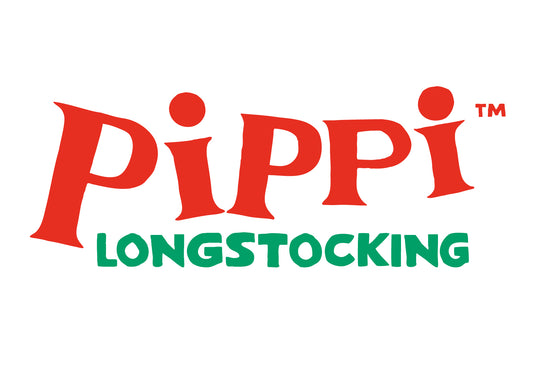The text 'Pippi Longstocking' in a bold, playful font. 'Pippi' is in red with exaggerated, wavy letters, and 'Longstocking' is in green, written in an all-caps, slightly irregular style.