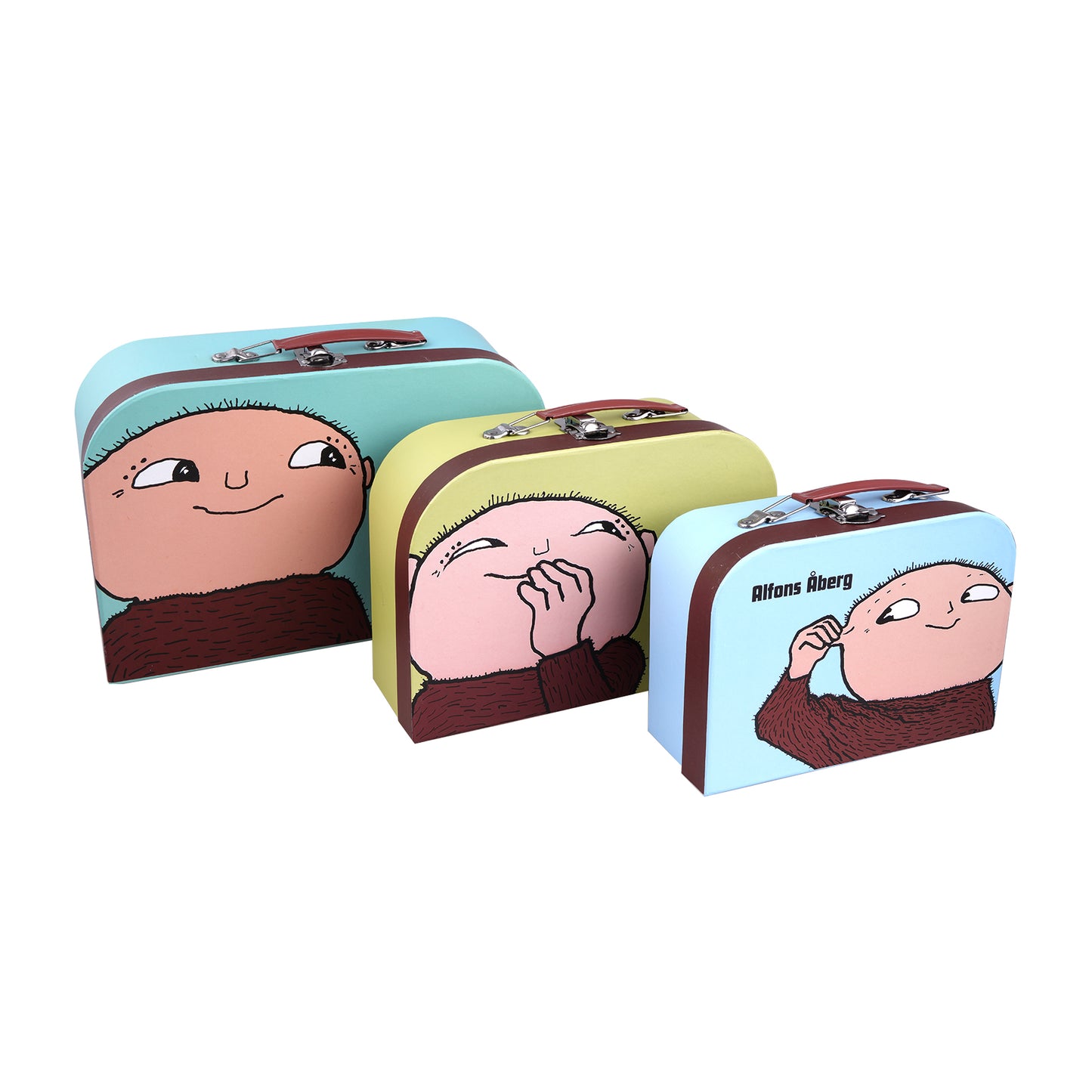 Set of 3 suitcases with Alfons Åberg designs, ideal for storage and play.