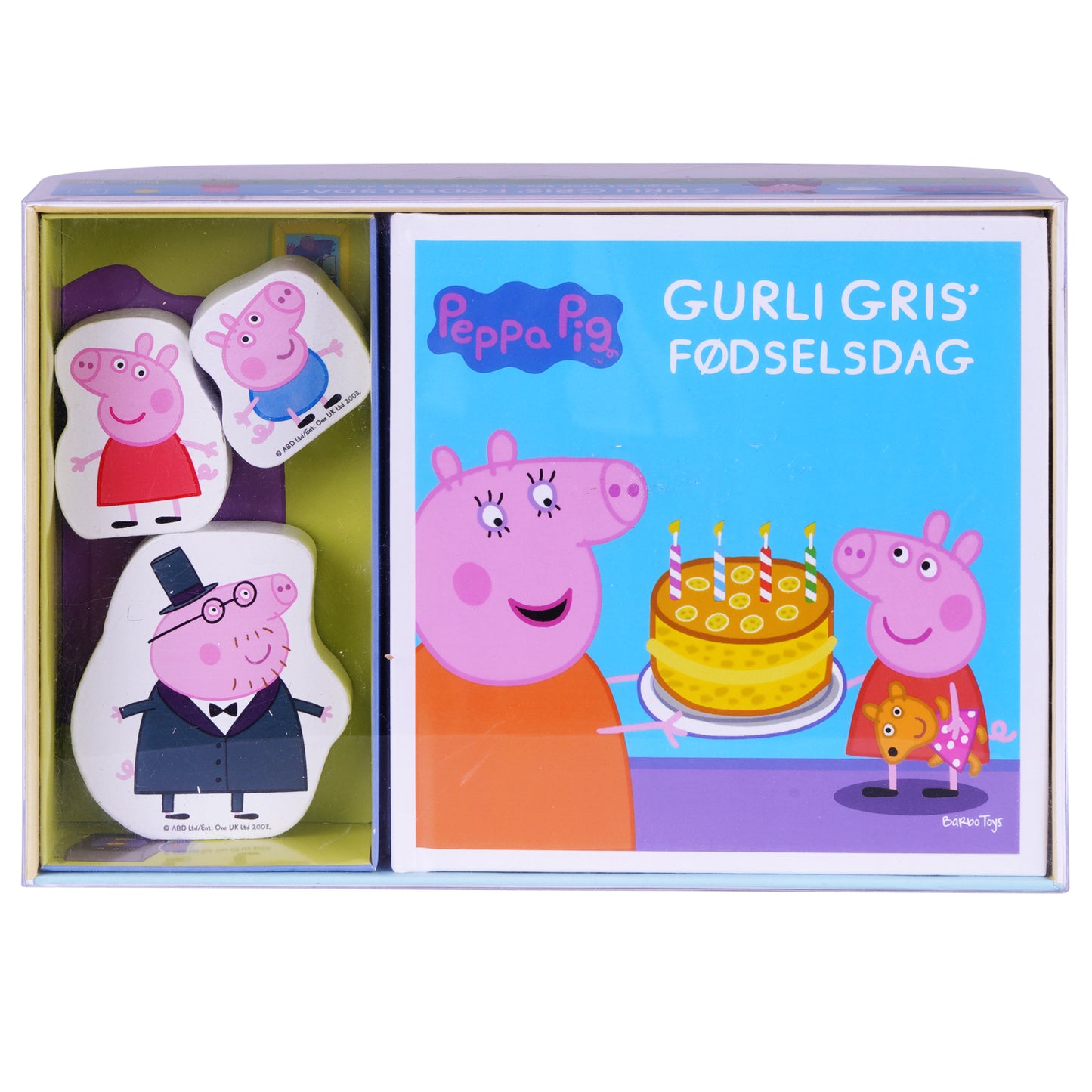 gurli gris fødselsdag legesæt med søde træfigurer og en bog