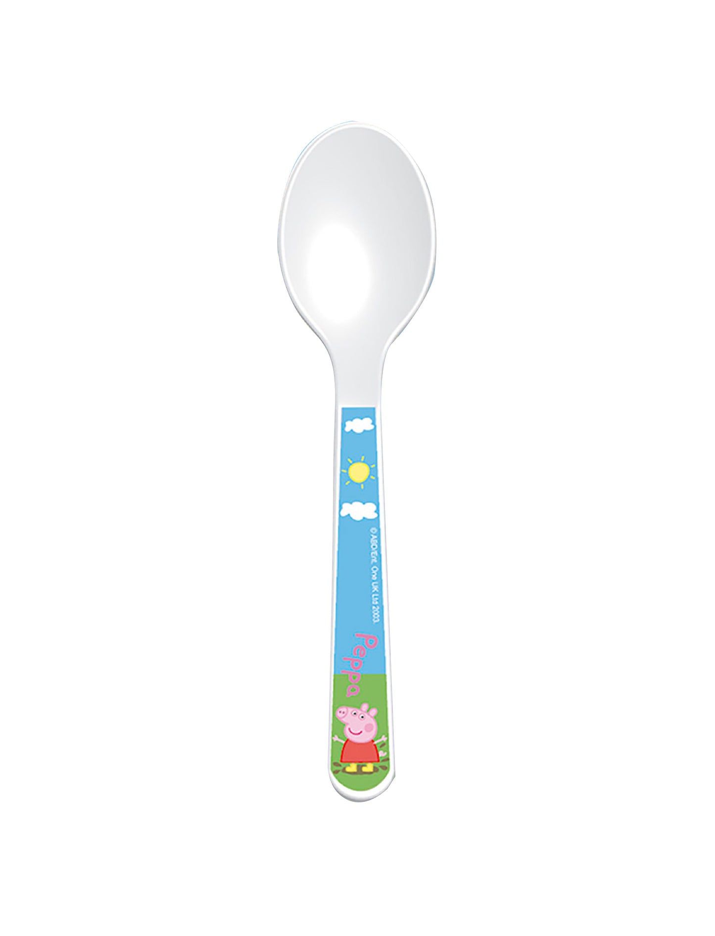 Peppa Pig children's spoon with a blue handle featuring Peppa Pig, clouds, and a sun design.