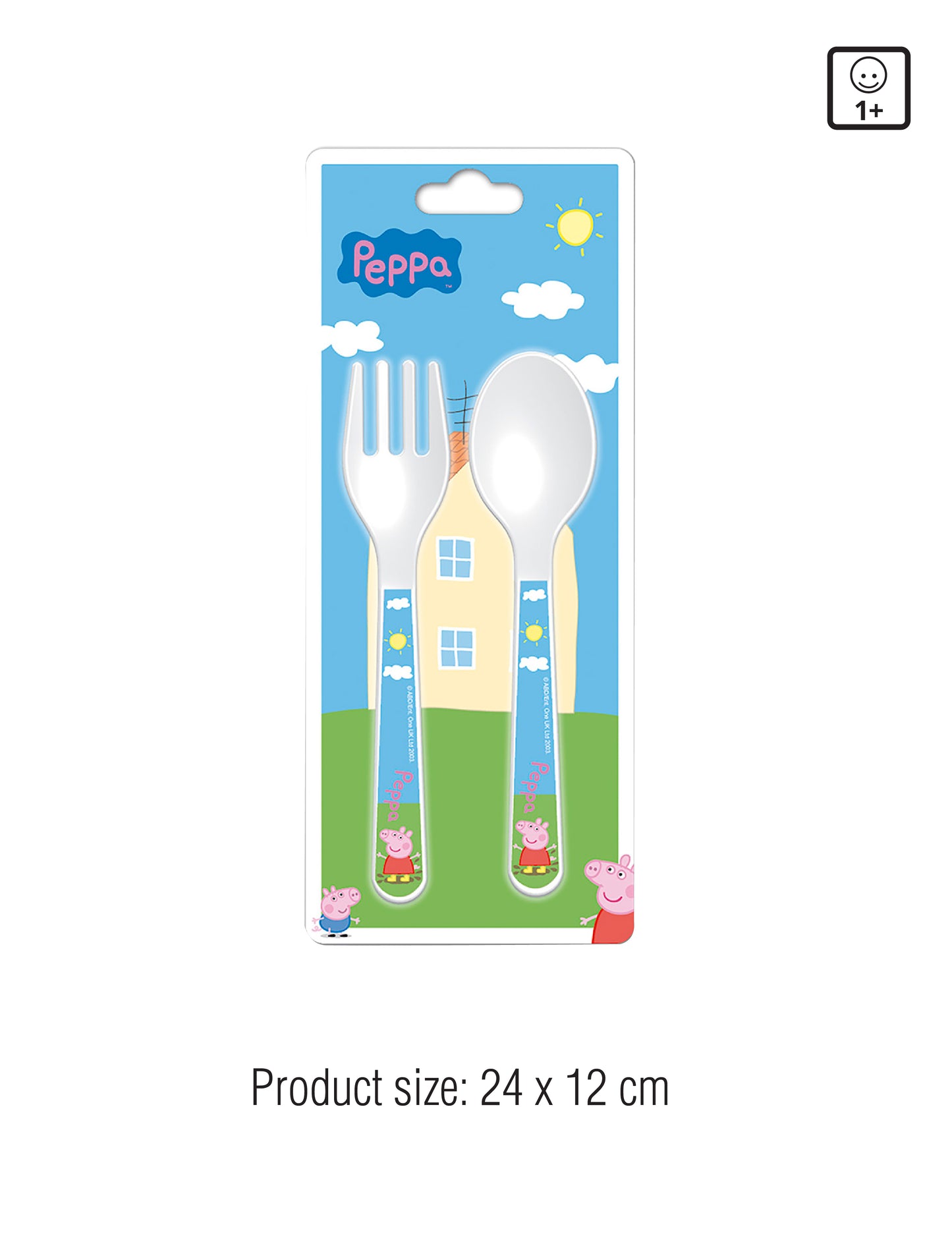 Peppa Pig children's cutlery set in packaging, including a fork and a spoon with Peppa Pig-themed handles. Product size: 24 x 12 cm. Icon indicates suitability for ages 1+.