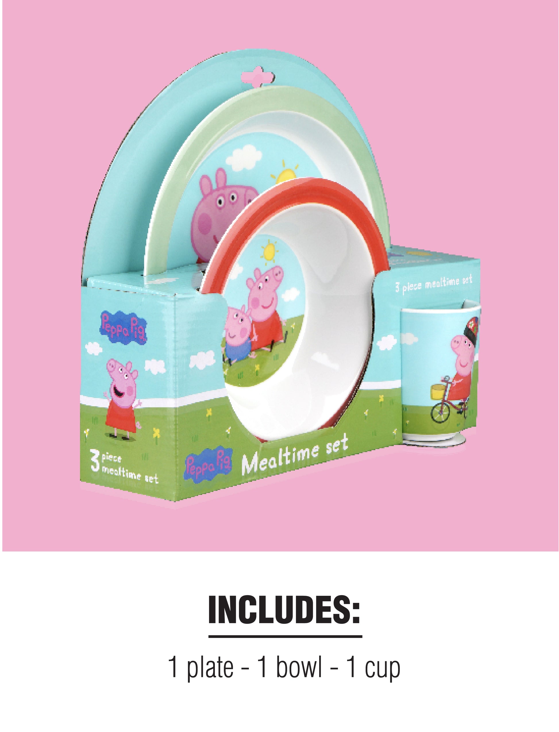 Peppa Pig 3-piece mealtime set in packaging. Includes one plate, one bowl, and one cup, featuring Peppa Pig illustrations. Text on image: 'INCLUDES: 1 plate - 1 bowl - 1 cup'.