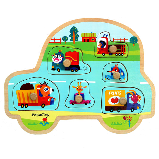 peg puzzle of colorful animals in different means of transport