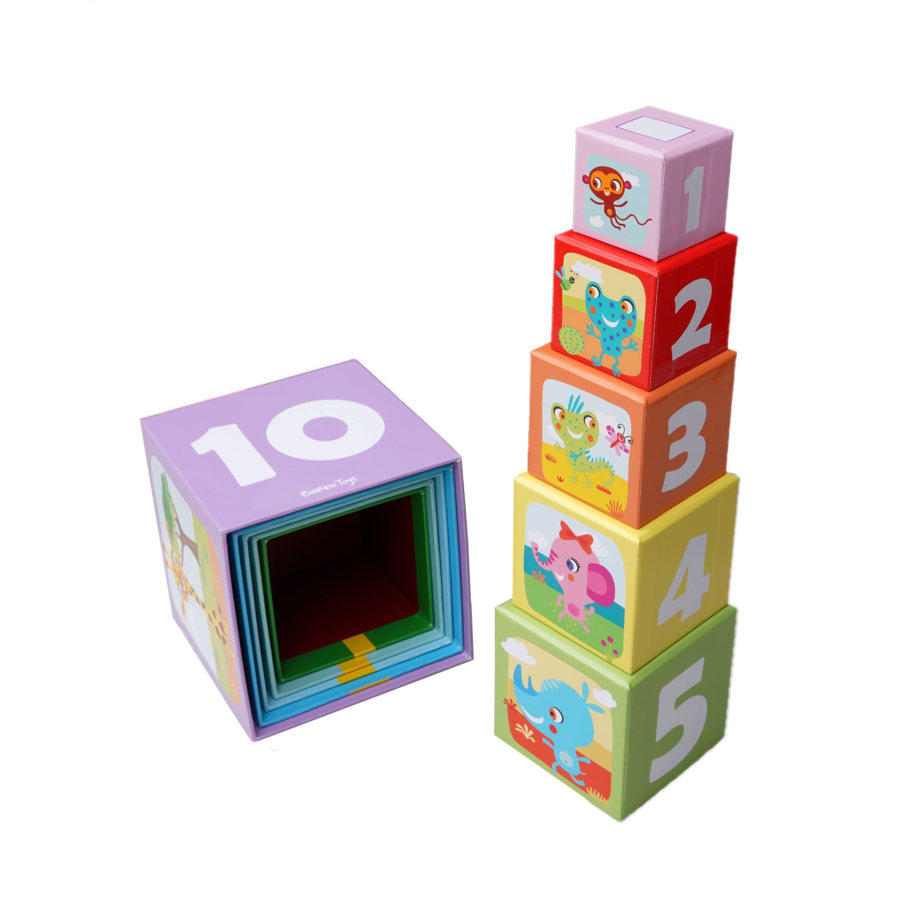 colorful stacking cubes with animal illustrations and numbers