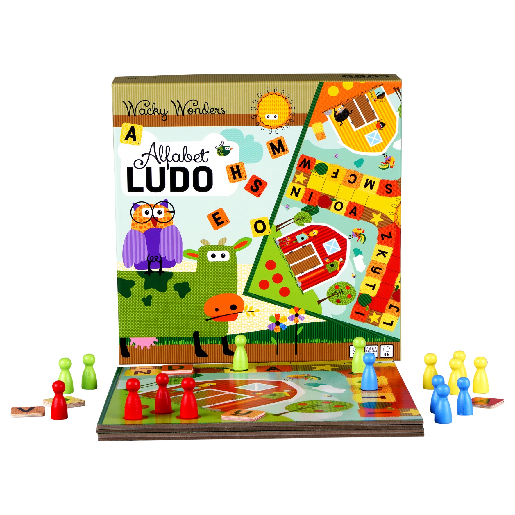 alfabet ludo box game with board and game pieces