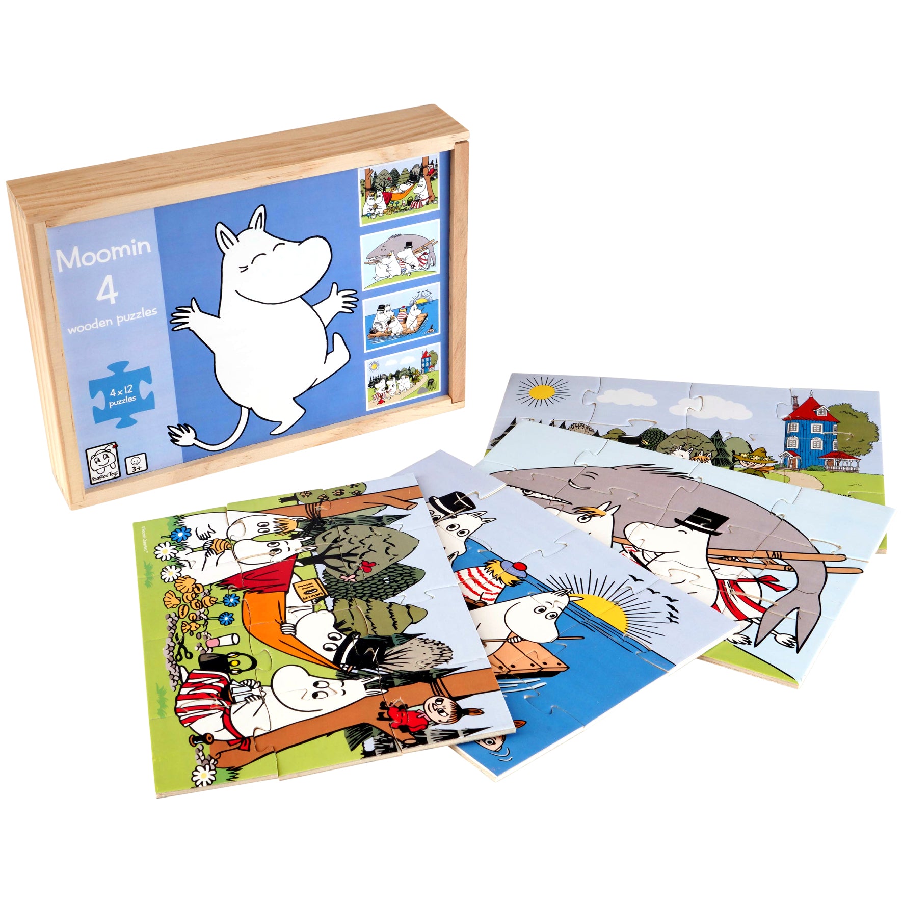 moomin 4 wooden puzzle game box and puzzle pieces