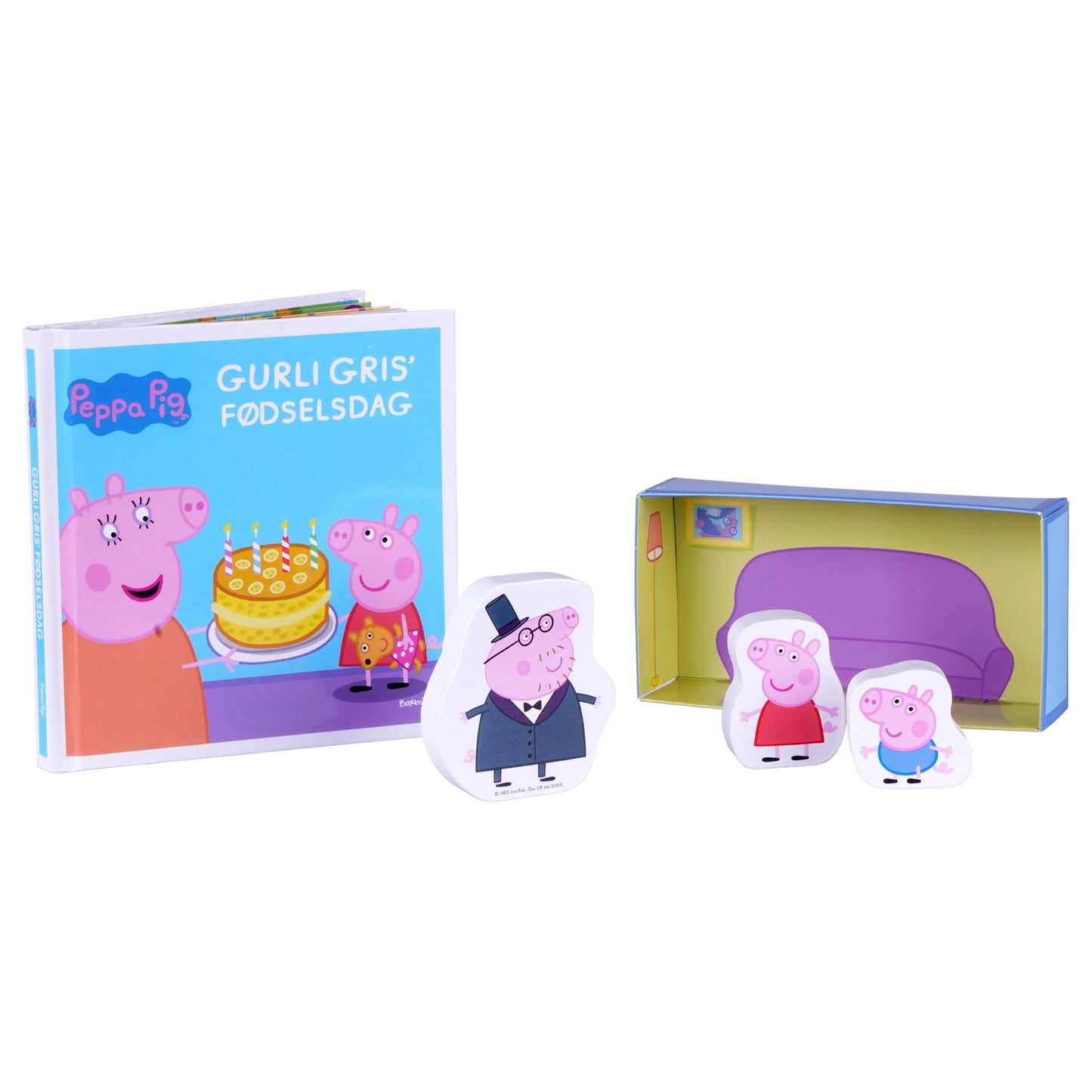 gurli gris fødselsdag legesæt med søde træfigurer og en bog